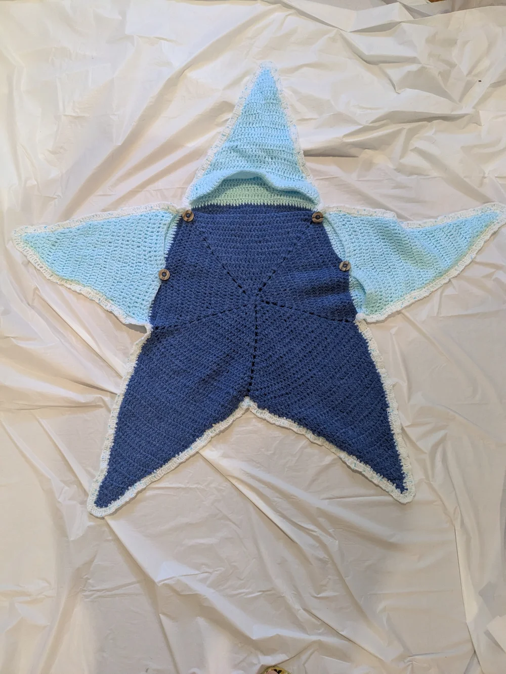 Star-Shaped Cocoon Crochet Baby Swaddle Hoodie in Navy and Light Blue